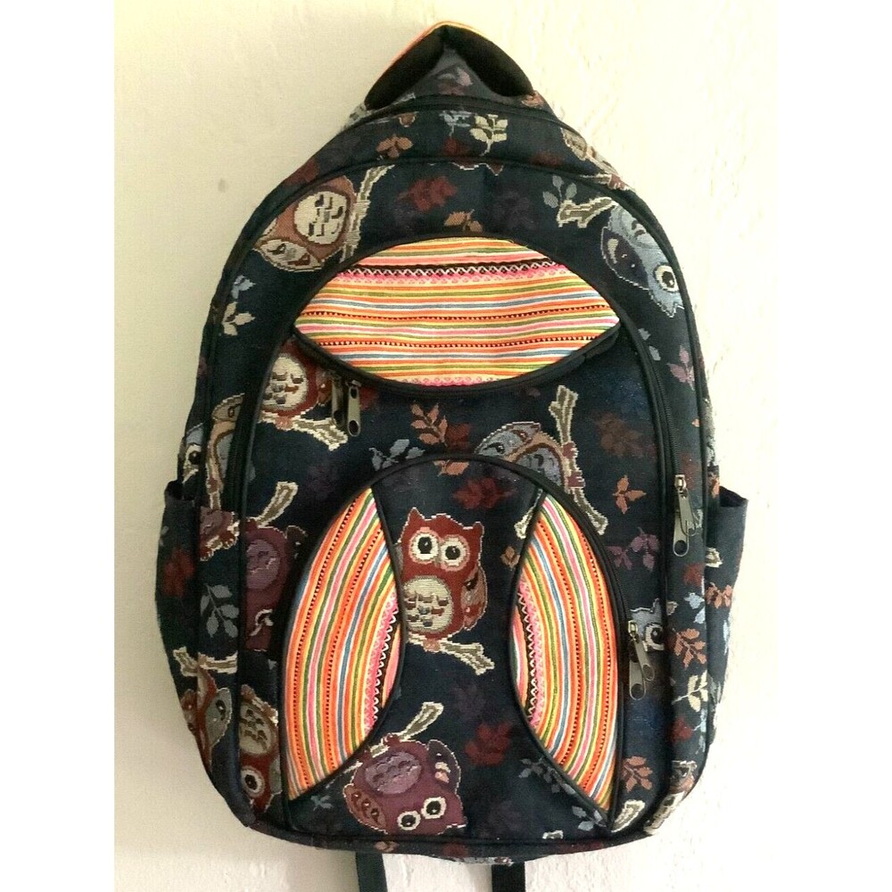 LARGE Owl BOHO Backpack Padded Back Lots of Zipped Pockets Water Bottle Cool EUC